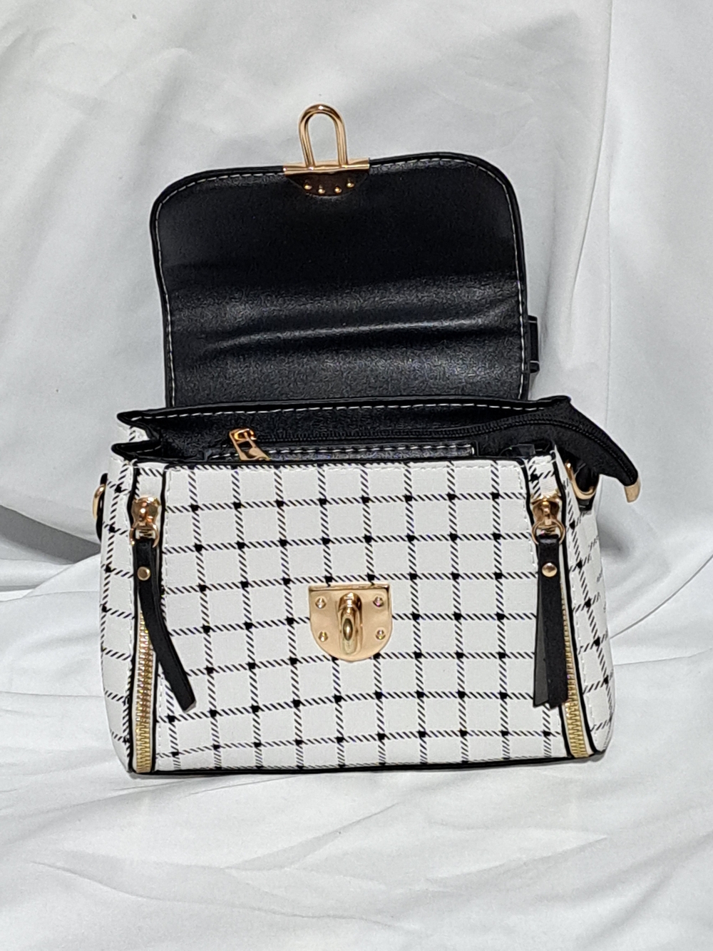 Plaid Black and White Top-Handle Satchel with Charm - Picture 12 of 16